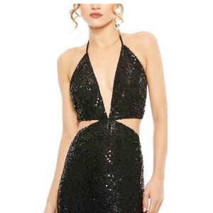 NWT Mac Duggal Silver Cut Out Halter Tie Back Sequin Gown Black 4 #8568